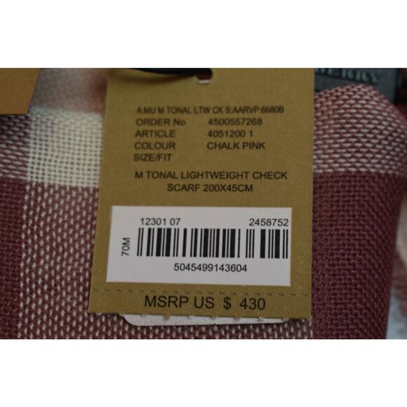 NWT BURBERRY TONAL PINK WOOL CASHMERE NOVA CHECK LIGHTWEIGHT SCARF 18X80 200X45 - Picture 10 of 12